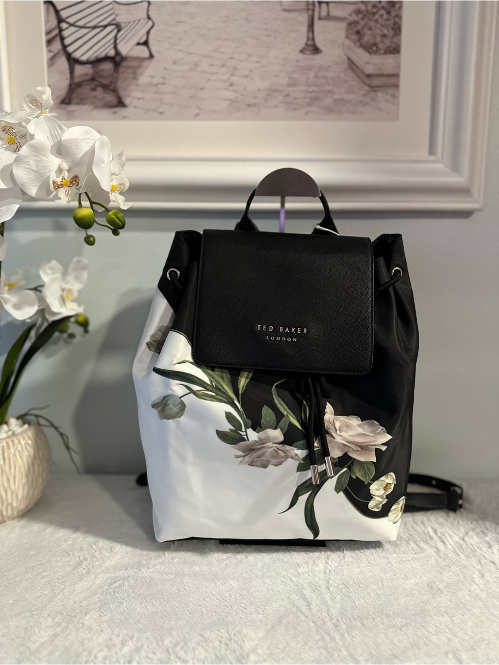 NWT Ted Baker Black & White Floral Drawstring Backpack